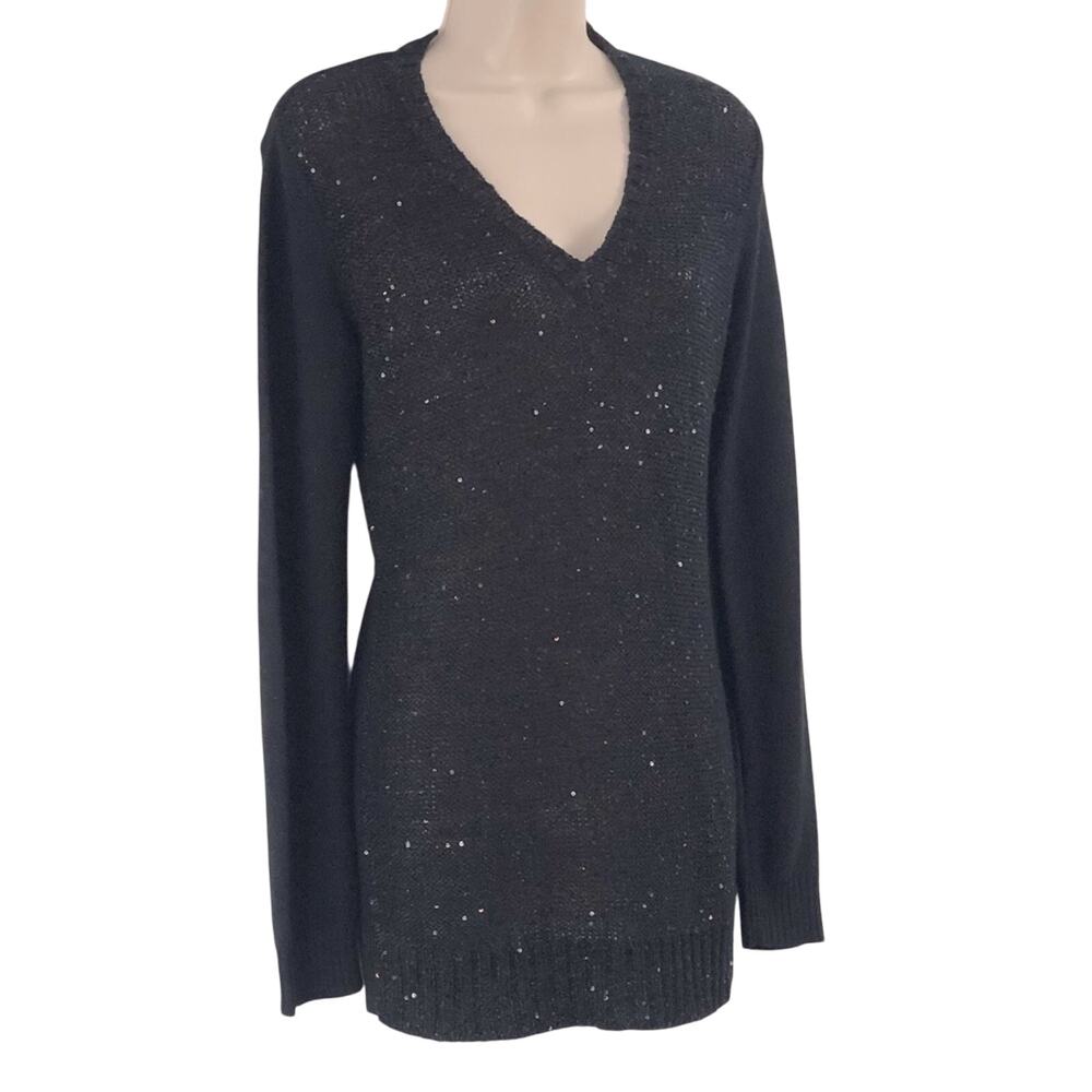 Charter Club Black Sparkle Tunic Sweater V Neck Long Sleeve